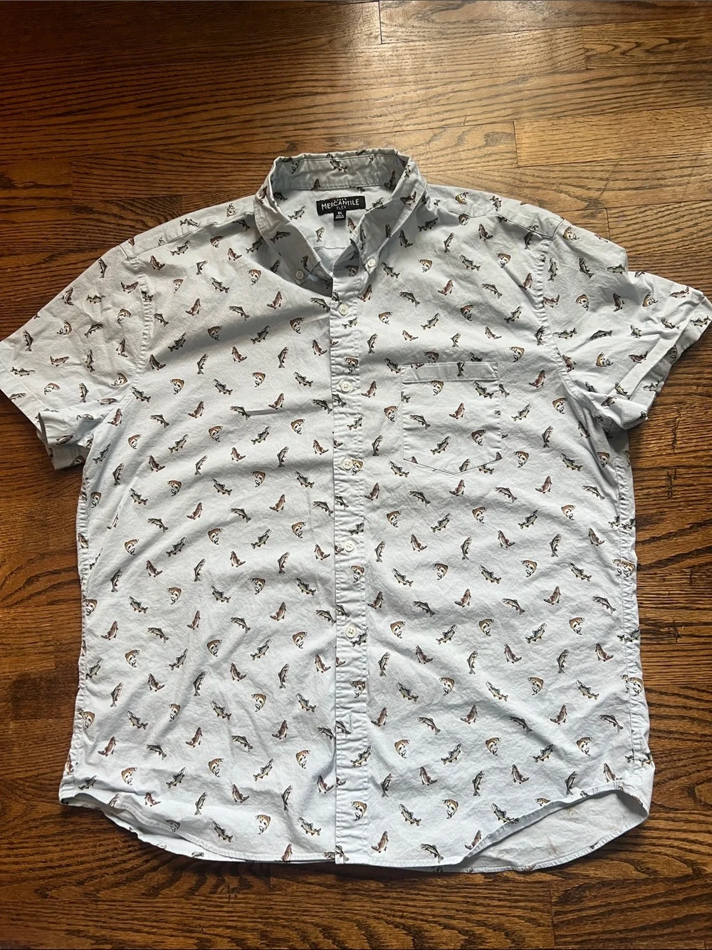 J. Crew Pale Blue Short-Sleeve Button-Down Shirt with Bass Print